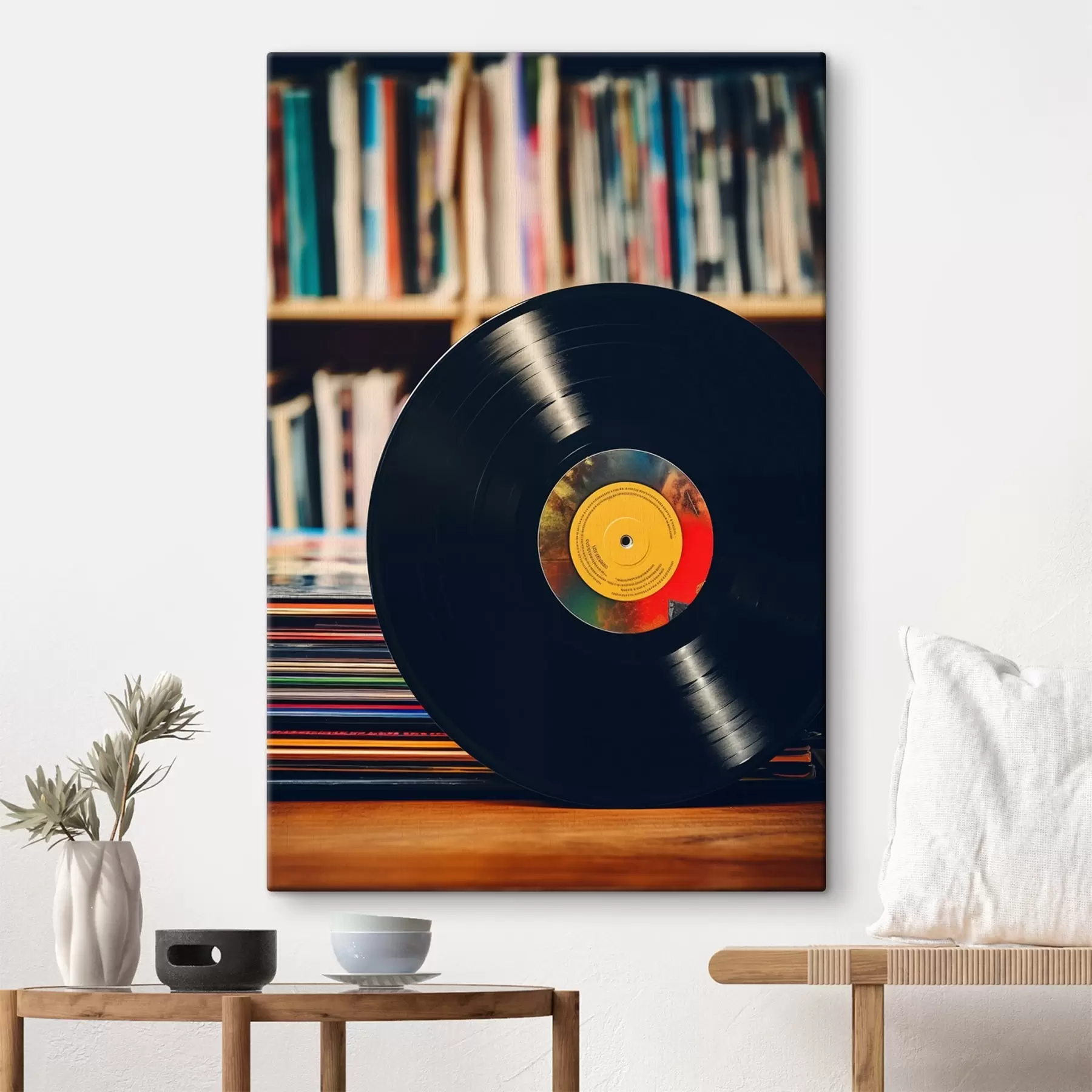 Fotobehang Vinylschijf op de achtergrond van de plank s41669