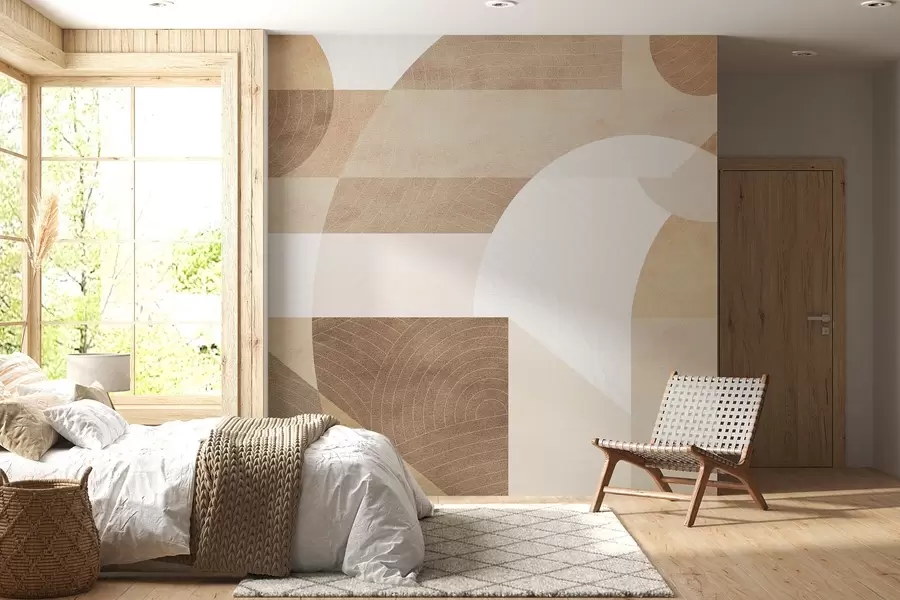 Fotobehang Moderne geometrie met abstracte vormen, gestructureerde details in beige en bruine tinten w02140