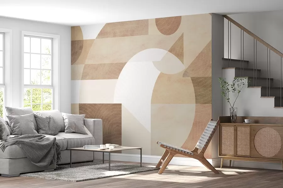 Fotobehang Moderne geometrie met abstracte vormen, gestructureerde details in beige en bruine tinten w02140
