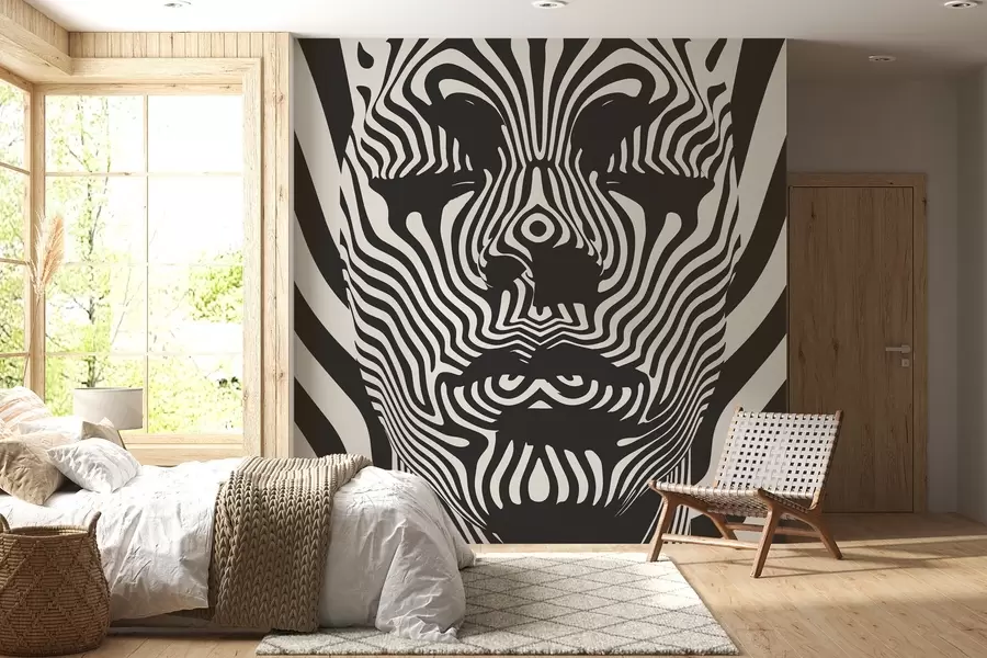 Fotobehang Op art stijl trellis met abstract gezicht, golvende lijnen op lichtgekleurde achtergrond w02285