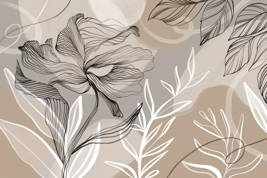 Fotobehang Elegante bloemenprint met grote abstracte lijnbloemen en bladeren in grijstinten en beige op een lichte achtergrond w08413