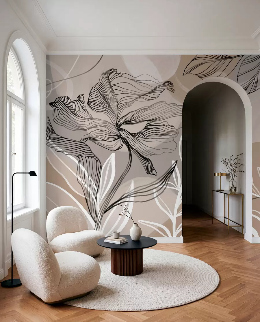Fotobehang Elegante bloemenprint met grote abstracte lijnbloemen en bladeren in grijstinten en beige op een lichte achtergrond w08413