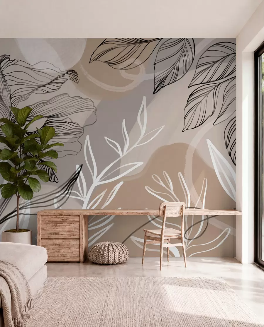 Fotobehang Elegante bloemenprint met grote abstracte lijnbloemen en bladeren in grijstinten en beige op een lichte achtergrond w08413