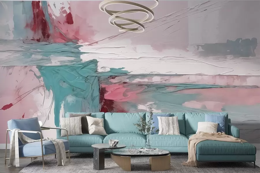 Fotobehang Minimalistische abstracte kunstcompositie met krachtige penseelstreken van roze, blauwe en witte verf w08414v1
