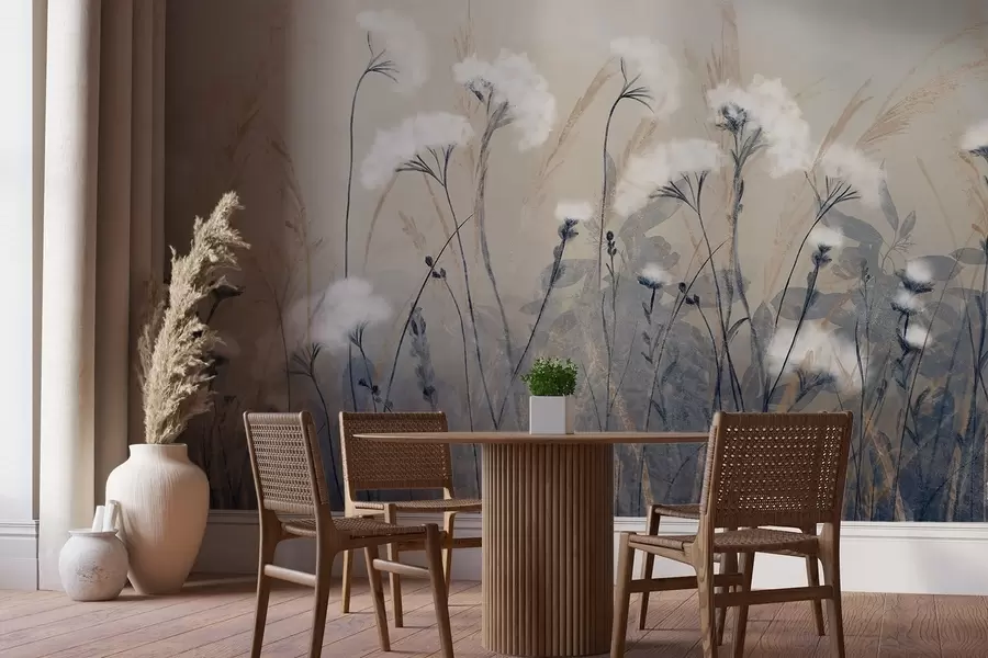 Fotobehang Pluizig wit katoenen gras tegen een vage textuurachtergrond, met een zachte, wazige en serene sfeer w08416