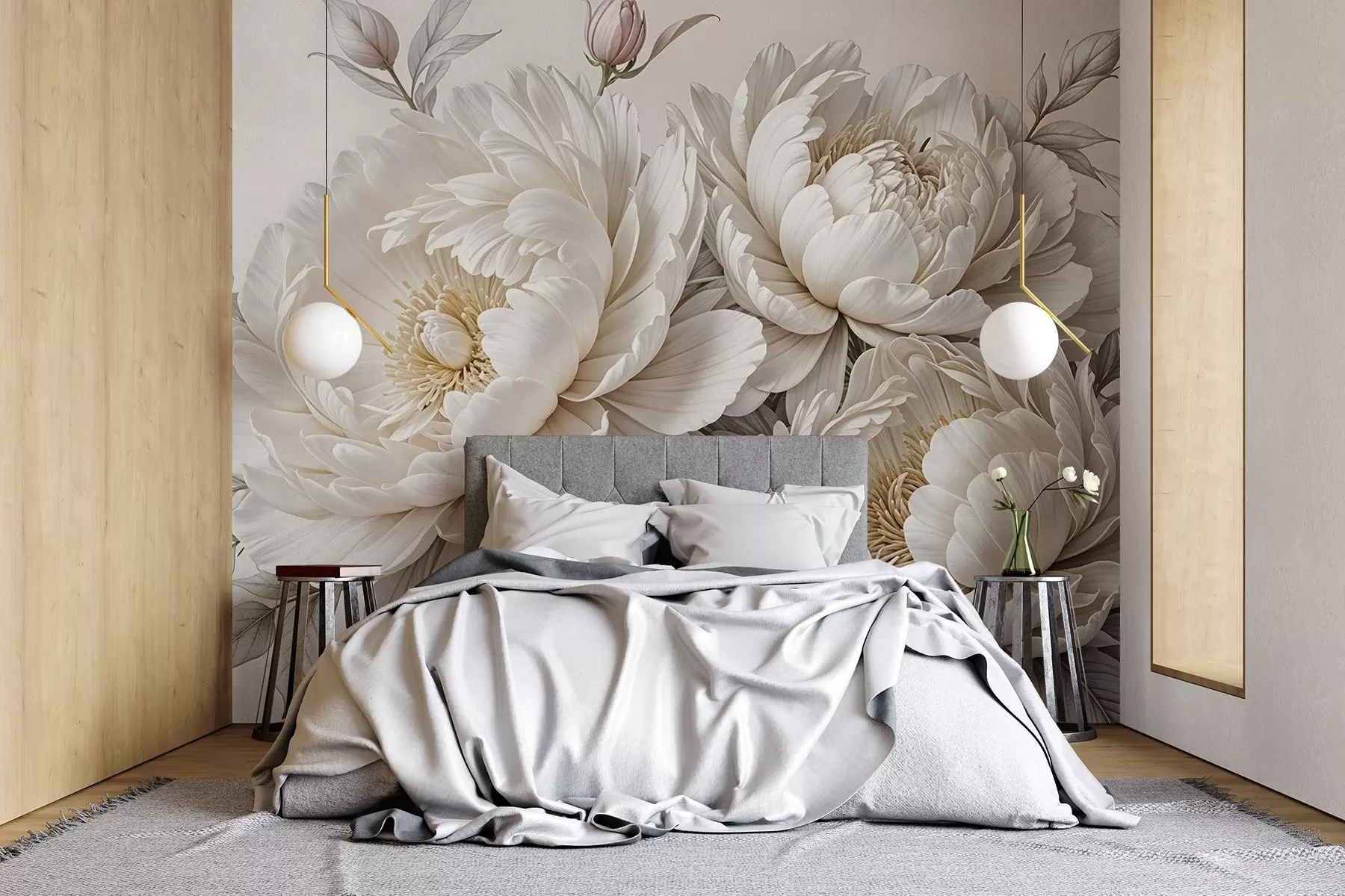 Fotobehang Delicate pastelwitte pioenrozen met weelderig gebladerte tegen een zachte, neutrale achtergrond w08420