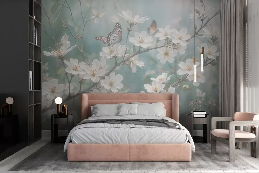 Fotobehang Een witte vlinder op een tak met delicate witte kersenbloesems op de voorgrond tegen een onscherpe achtergrond w08421