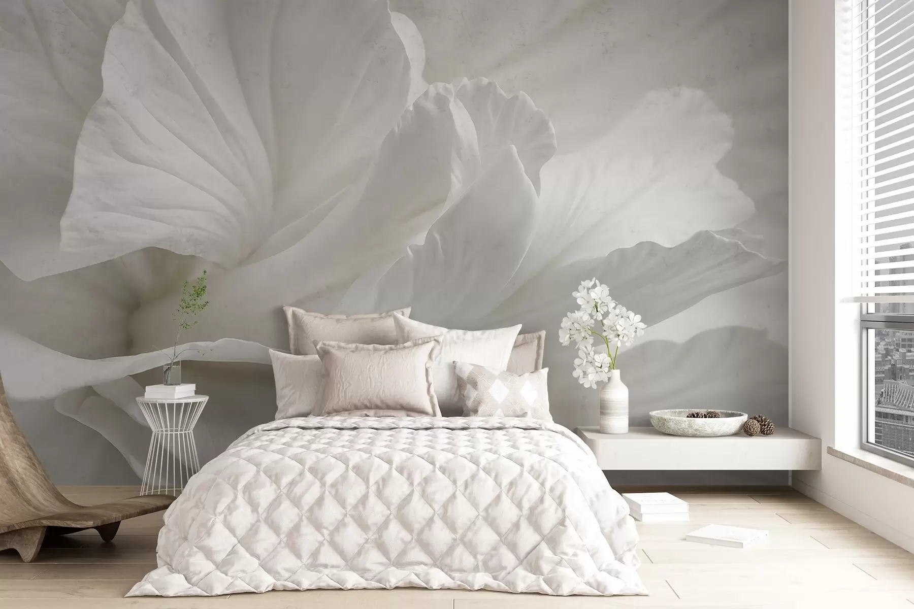 Fotobehang Abstracte minimalistische print van delicate witte bloem met zachte, fluweelachtige bloemblaadjes w08424