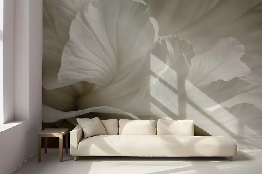 Fotobehang Abstracte minimalistische print van delicate witte bloem met zachte, fluweelachtige bloemblaadjes w08424