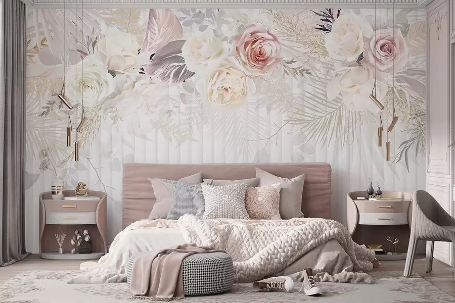 Fotobehang Een bloemstuk met roze en witte rozen, palmbladeren en ander tropisch gebladerte tegen een witte achtergrond w08425