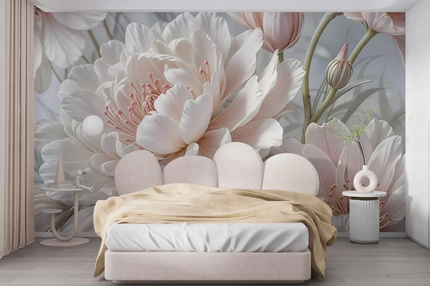 Fotobehang Grote, delicate witte en roze pioenbloemen met zachte, pluizige bloemblaadjes tegen een onscherpe grijze achtergrond w08427
