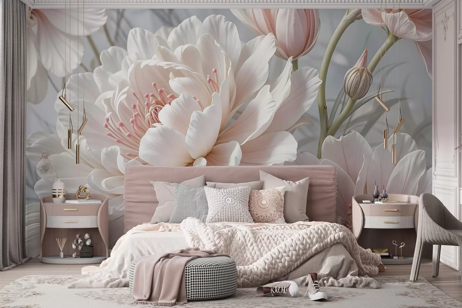 Fotobehang Grote, delicate witte en roze pioenbloemen met zachte, pluizige bloemblaadjes tegen een onscherpe grijze achtergrond w08427