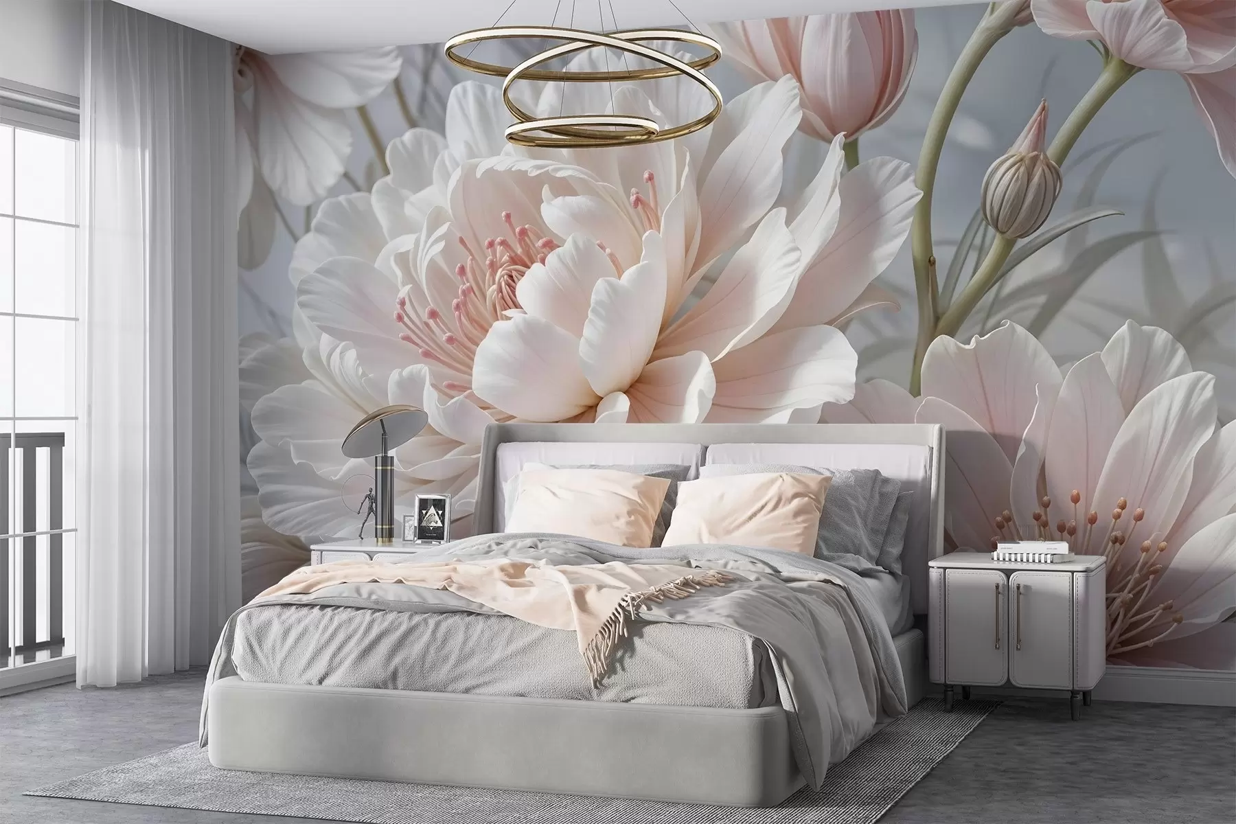 Fotobehang Grote, delicate witte en roze pioenbloemen met zachte, pluizige bloemblaadjes tegen een onscherpe grijze achtergrond w08427