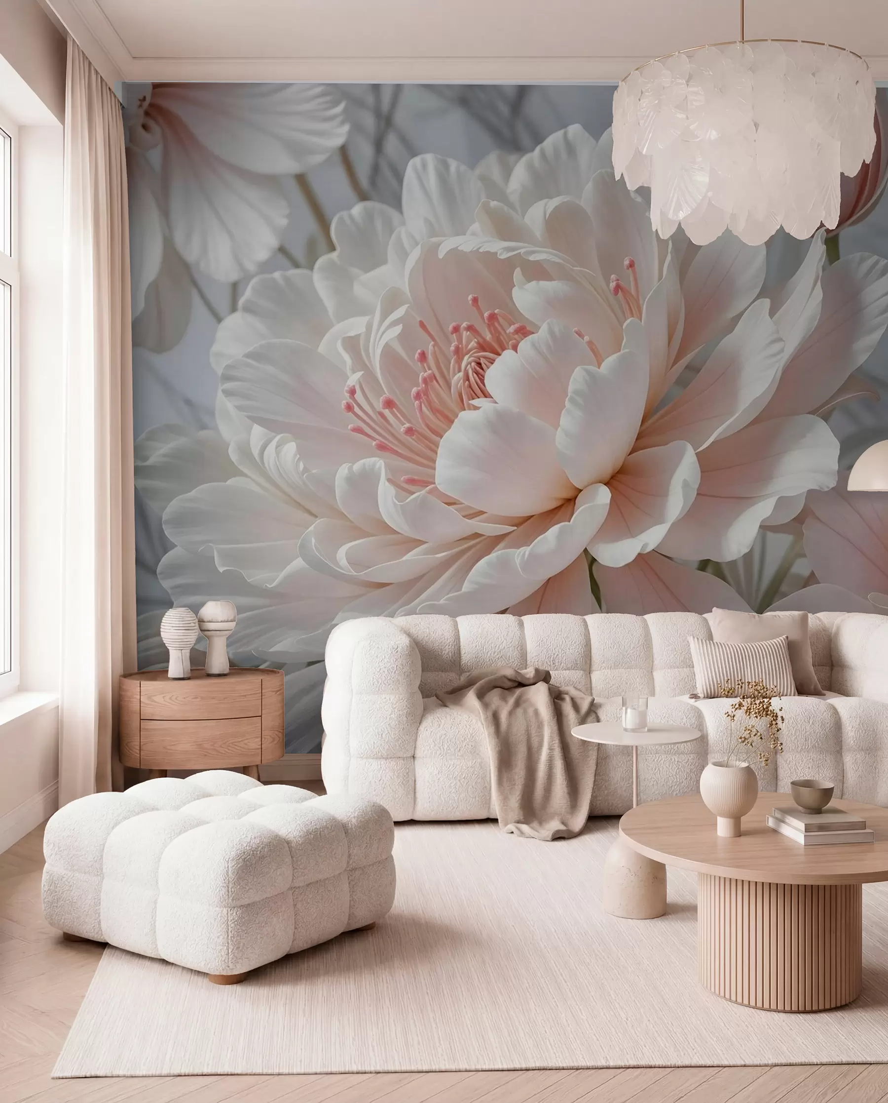 Fotobehang Grote, delicate witte en roze pioenbloemen met zachte, pluizige bloemblaadjes tegen een onscherpe grijze achtergrond w08427