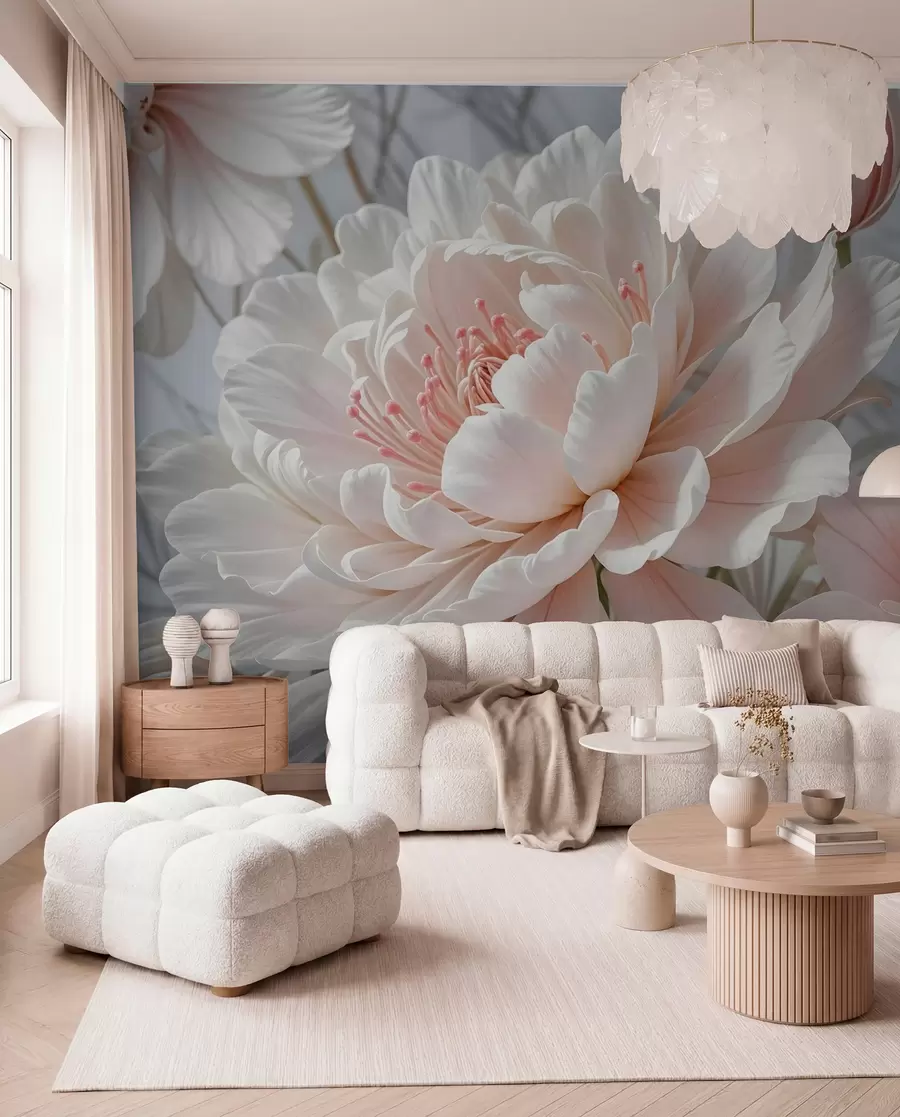 Fotobehang Grote, delicate witte en roze pioenbloemen met zachte, pluizige bloemblaadjes tegen een onscherpe grijze achtergrond w08427