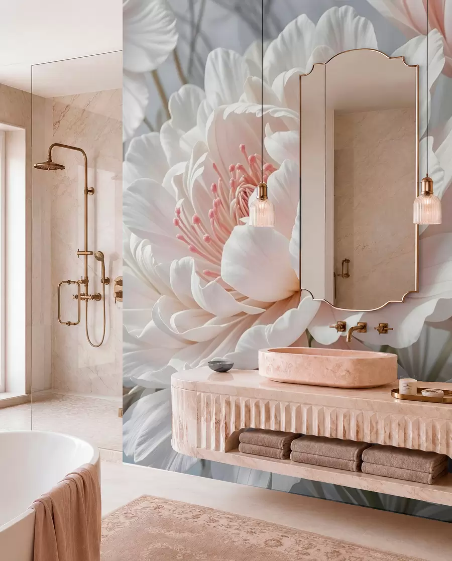Fotobehang Grote, delicate witte en roze pioenbloemen met zachte, pluizige bloemblaadjes tegen een onscherpe grijze achtergrond w08427