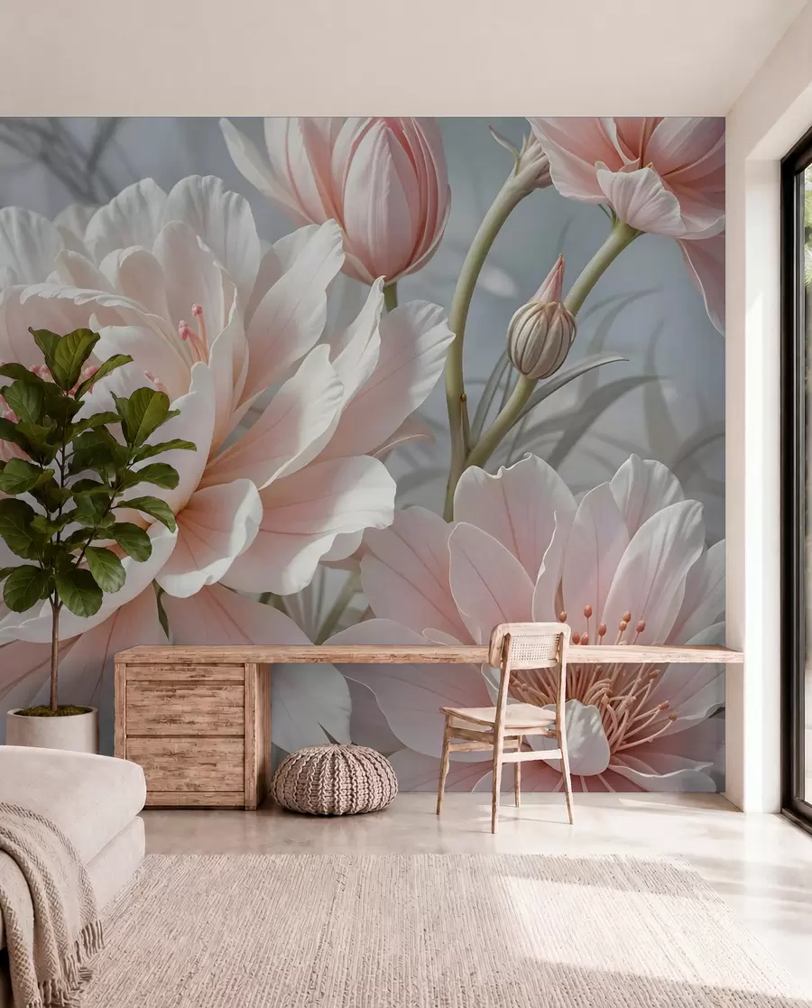 Fotobehang Grote, delicate witte en roze pioenbloemen met zachte, pluizige bloemblaadjes tegen een onscherpe grijze achtergrond w08427