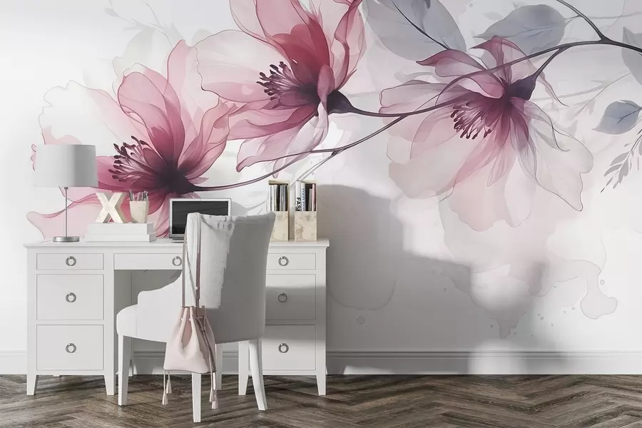 Fotobehang Delicate transparante roze en grijze bloemen met zachte, onscherpe bloemblaadjes op witte achtergrond w08429