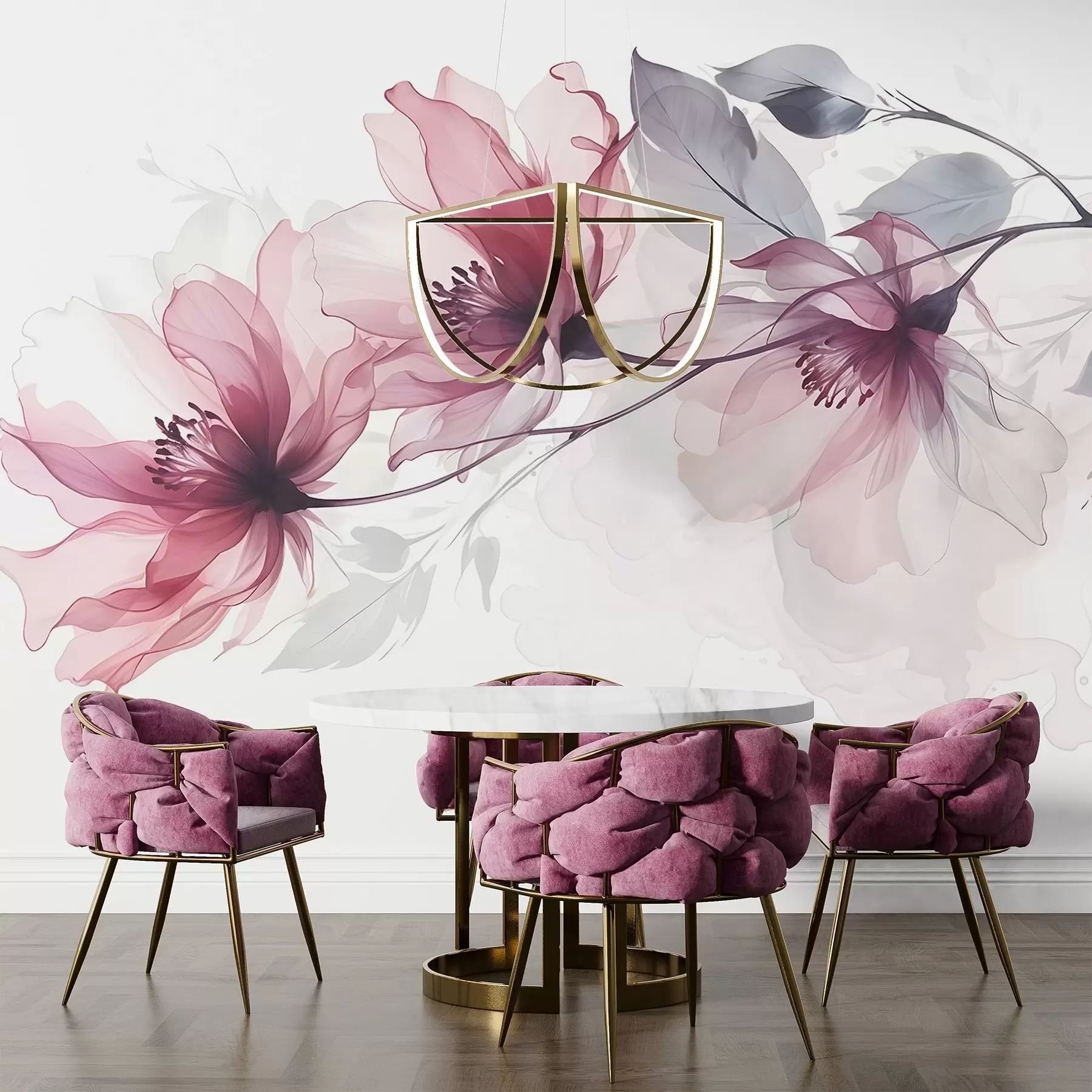 Fotobehang Delicate transparante roze en grijze bloemen met zachte, onscherpe bloemblaadjes op witte achtergrond w08429