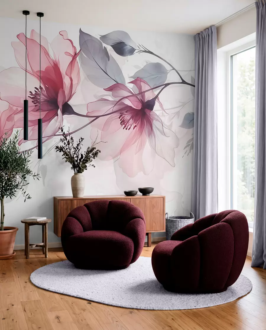 Fotobehang Delicate transparante roze en grijze bloemen met zachte, onscherpe bloemblaadjes op witte achtergrond w08429