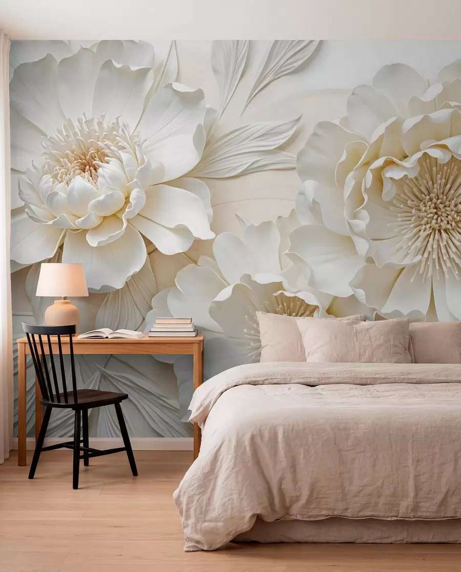 Papier peint photo Élégantes et volumineuses fleurs de pivoine imitant le blanc, avec des pétales doux et des centres jaune pastel, sur un fond clair w08431