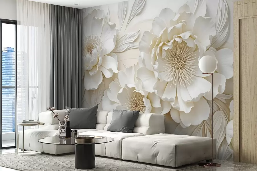 Papier peint photo Élégantes et volumineuses fleurs de pivoine imitant le blanc, avec des pétales doux et des centres jaune pastel, sur un fond clair w08431