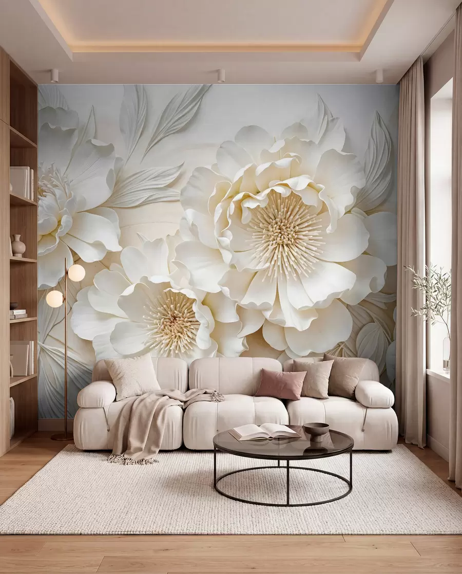 Fotobehang Elegante volumineuze imitatie witte pioenbloemen met zachte bloemblaadjes en pastelgele hartjes, tegen een lichte achtergrond w08431