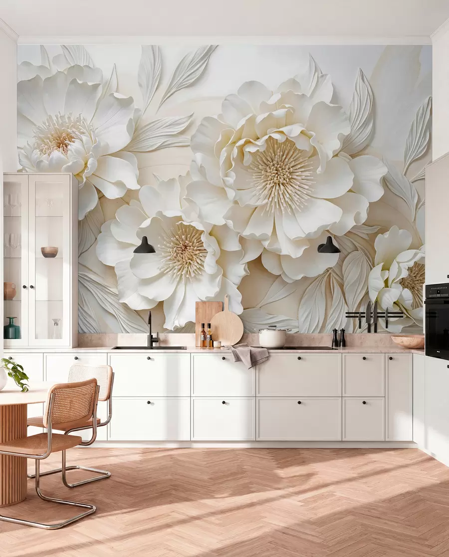 Papier peint photo Élégantes et volumineuses fleurs de pivoine imitant le blanc, avec des pétales doux et des centres jaune pastel, sur un fond clair w08431