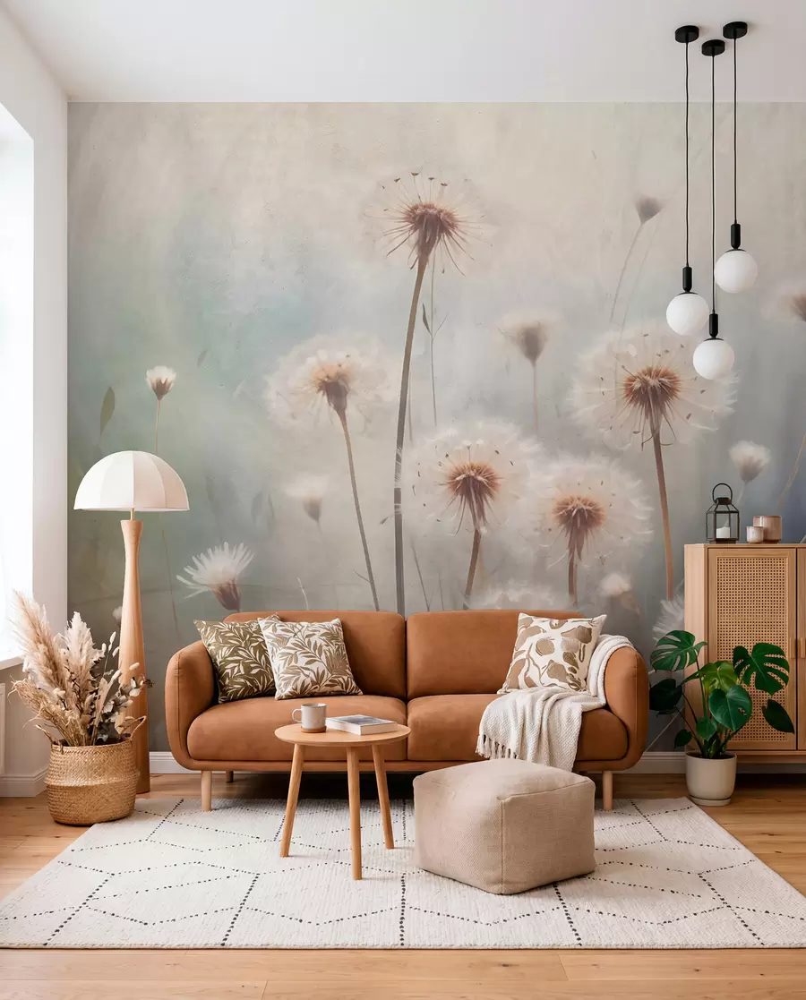 Fotobehang Zachte focus paardebloemen in een veld, met een wazige pastelkleurige getextureerde achtergrond w08432
