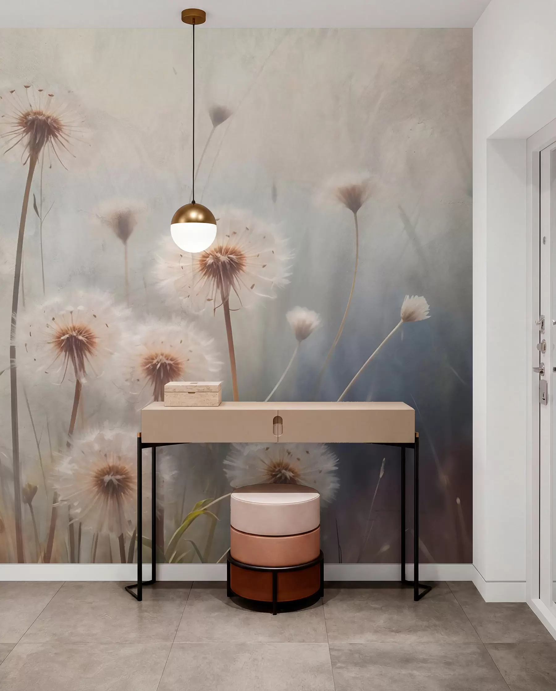 Fotobehang Dageraad tussen paardenbloemen w08432