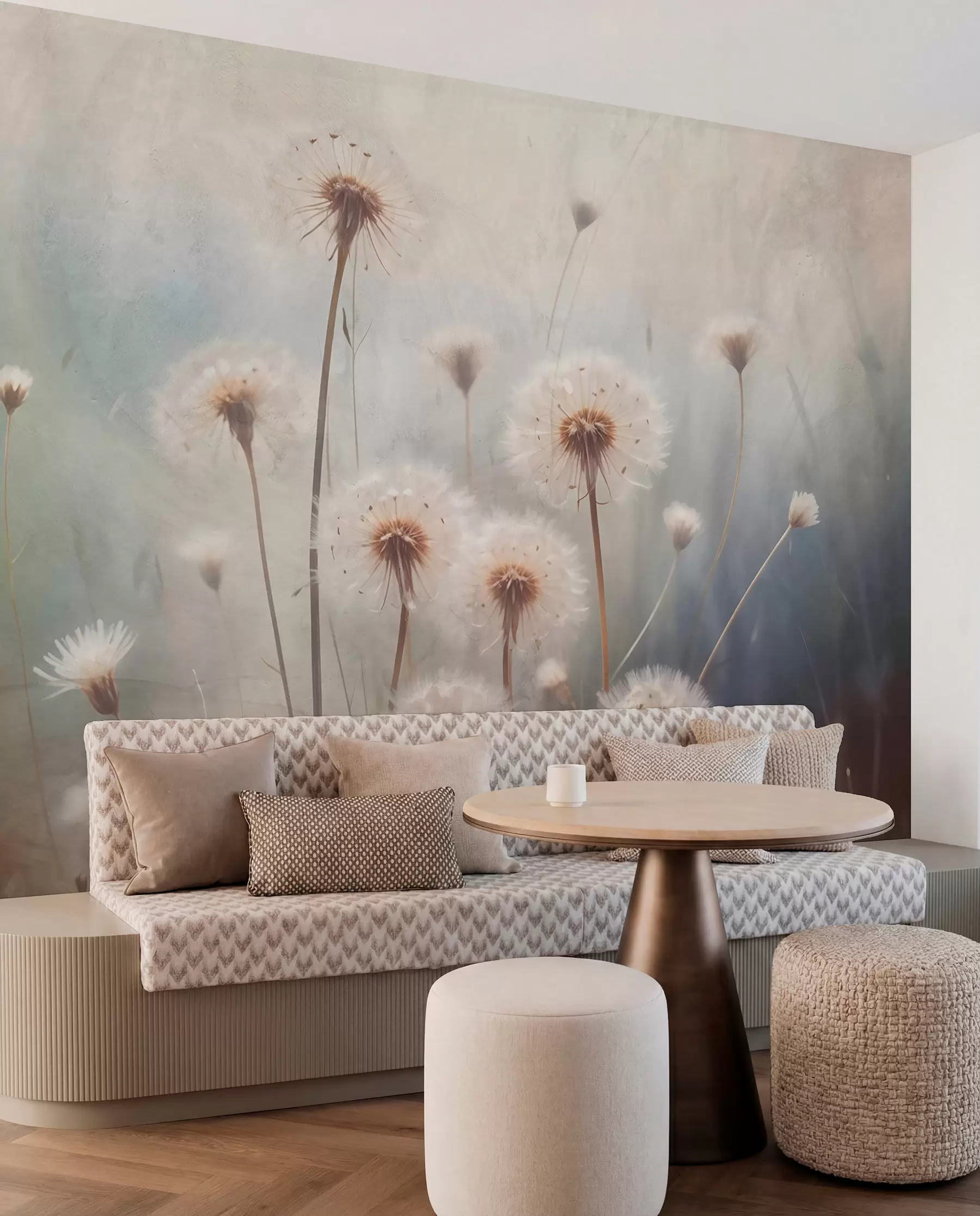 Fotobehang Zachte focus paardebloemen in een veld, met een wazige pastelkleurige getextureerde achtergrond w08432