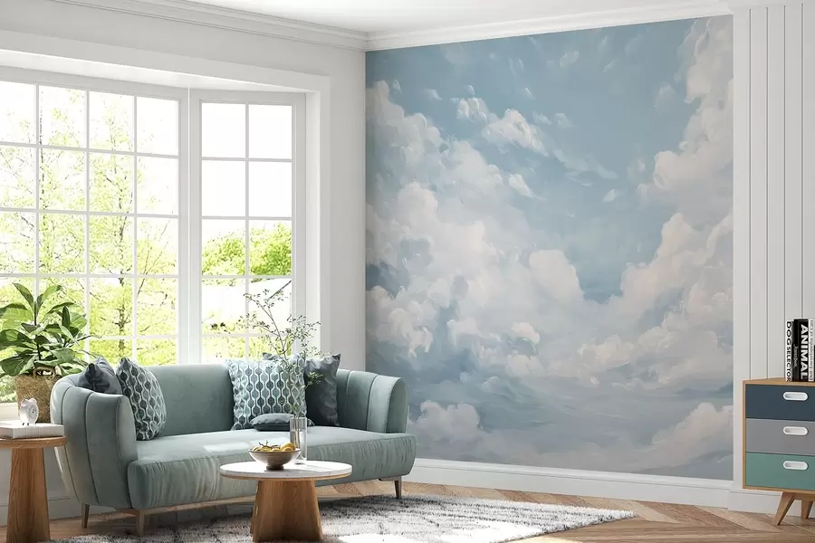 Fotobehang Blauwe lucht met gesimuleerde olieverfstreken w02313