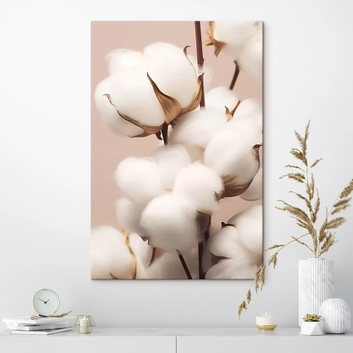  Schilderijen Katoenen bloemen op beige achtergrond s41706