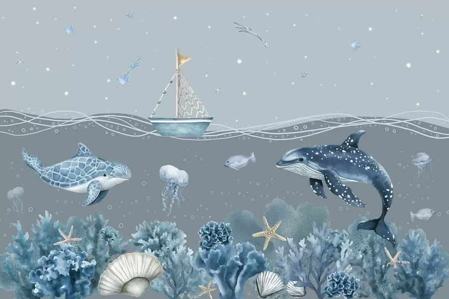 Papier peint photo Vie marine, style aquarelle, coraux, bateau, dauphin, méduse, ciel étoilé, couleurs bleues douces w02310v3