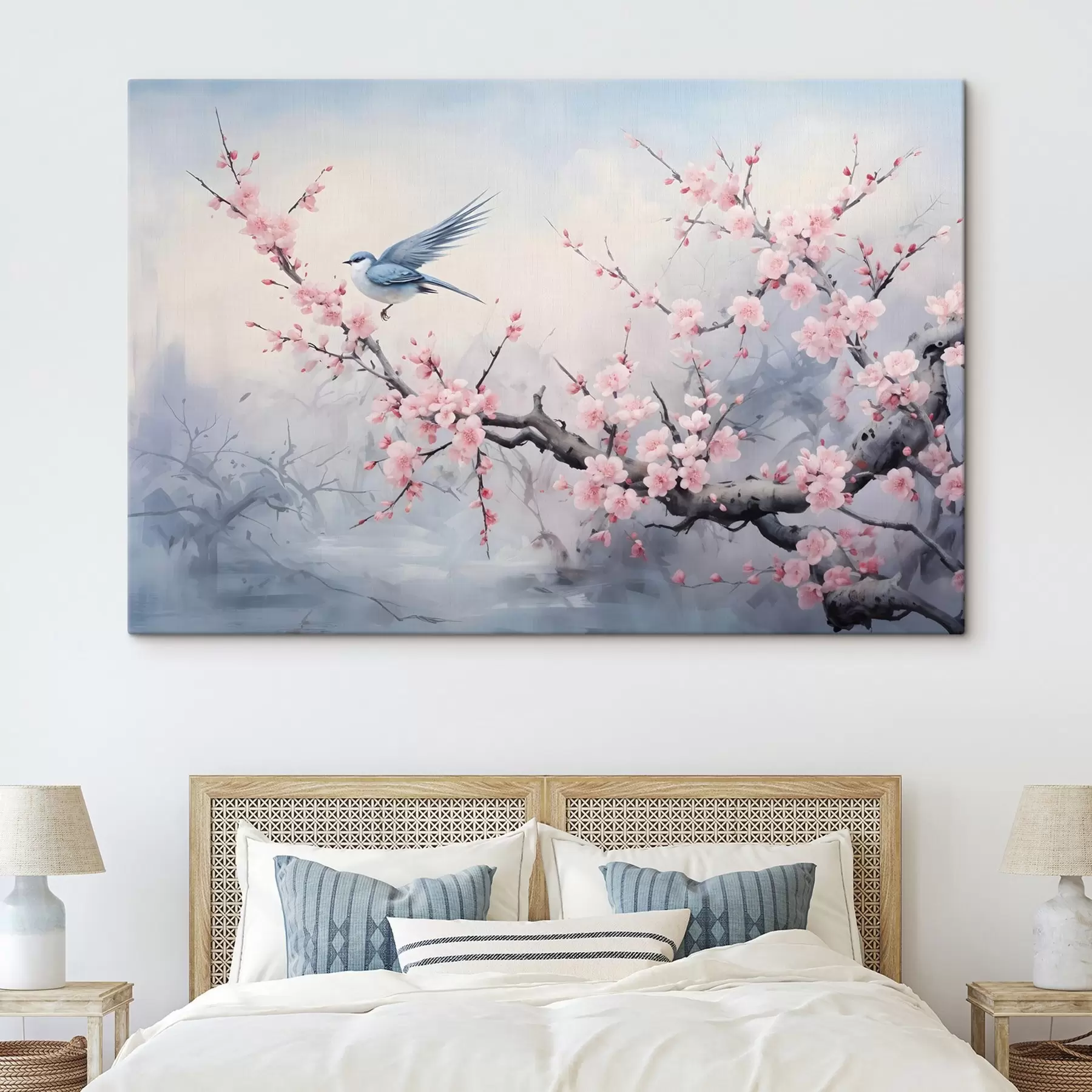 Fotobehang Blauwe vogel vliegend tussen roze kersenbloesem bloemen op een mistige gedempte lente achtergrond s41712