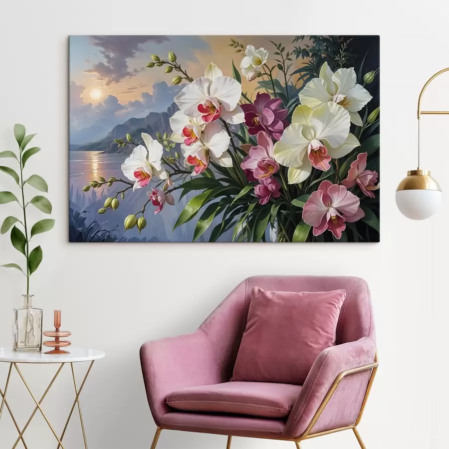  Peintures Un bouquet vibrant de fleurs tropicales avec des orchidées et un feuillage vert luxuriant sur fond de paysage marin s41713