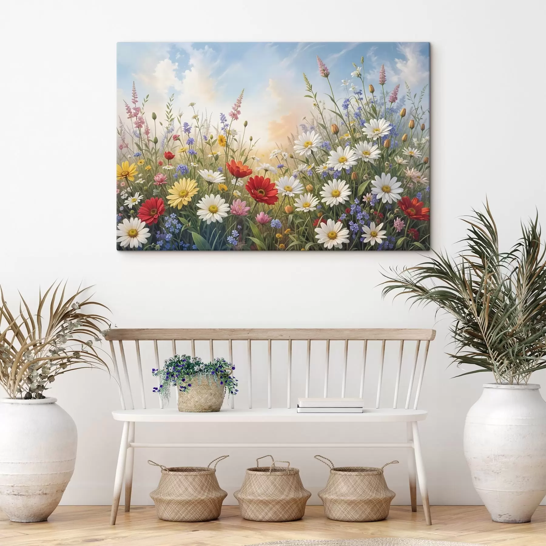 Papier peint photo Un champ de fleurs sauvages colorées comprenant des marguerites, des coquelicots et d'autres plantes en fleurs sur fond de ciel bleu s41725