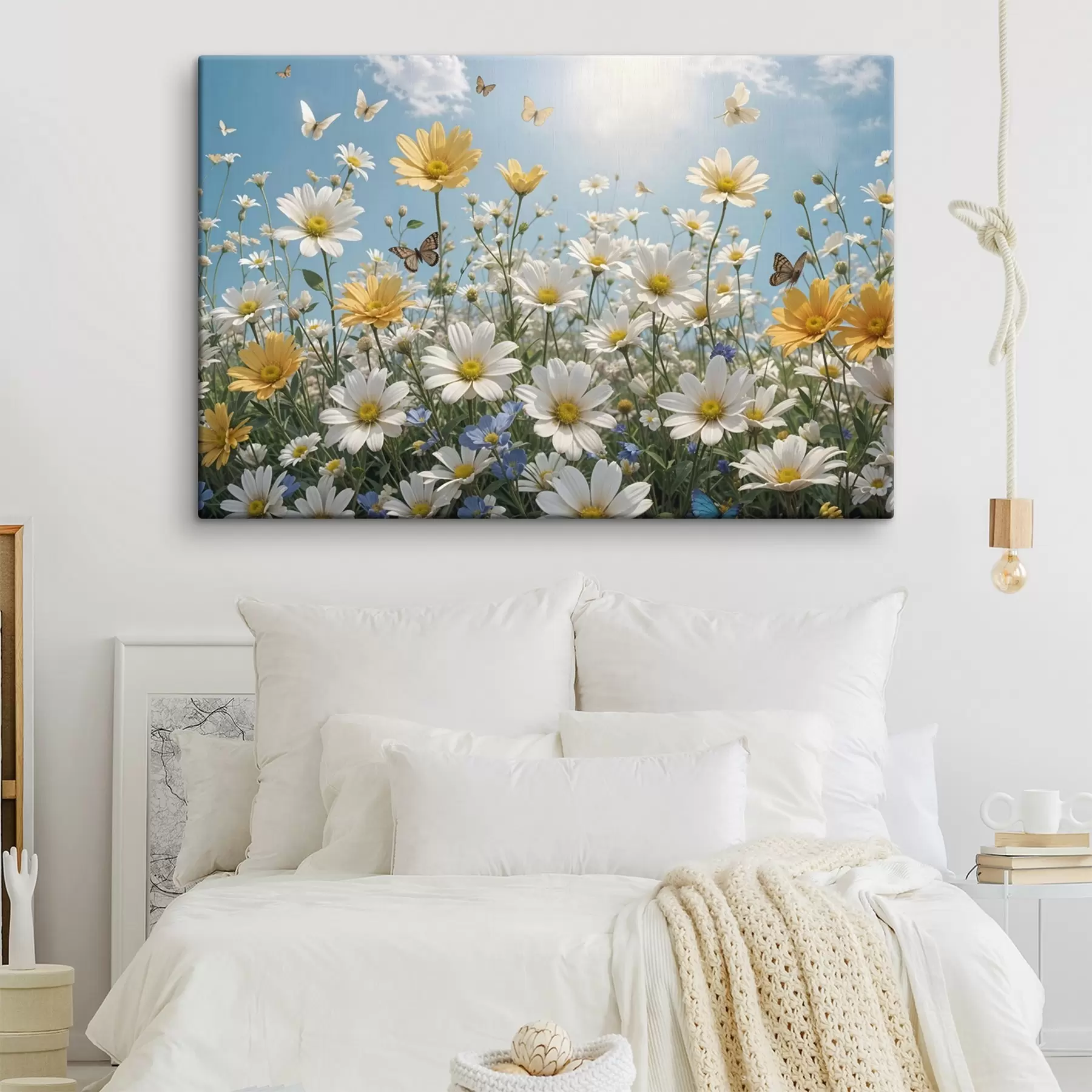 Fotobehang Een veld van witte en gele margrieten tegen een blauwe lucht met pluizige witte wolken en vlinders die erboven vliegen s41726