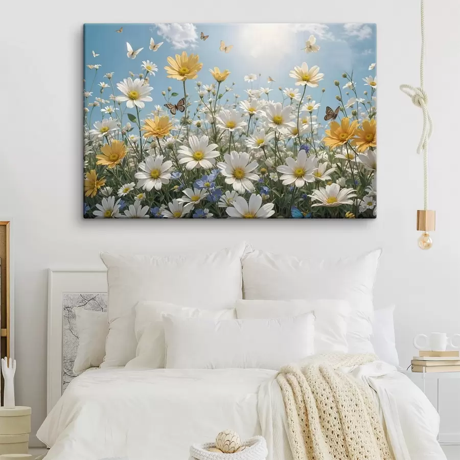  Schilderijen Een veld van witte en gele margrieten tegen een blauwe lucht met pluizige witte wolken en vlinders die erboven vliegen s41726