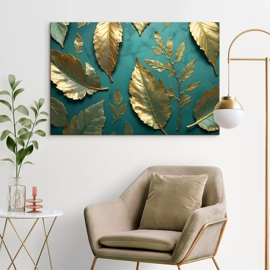  Peintures Feuilles jaunes délicates sur fond sarcelle, créant un imprimé botanique élégant s41727