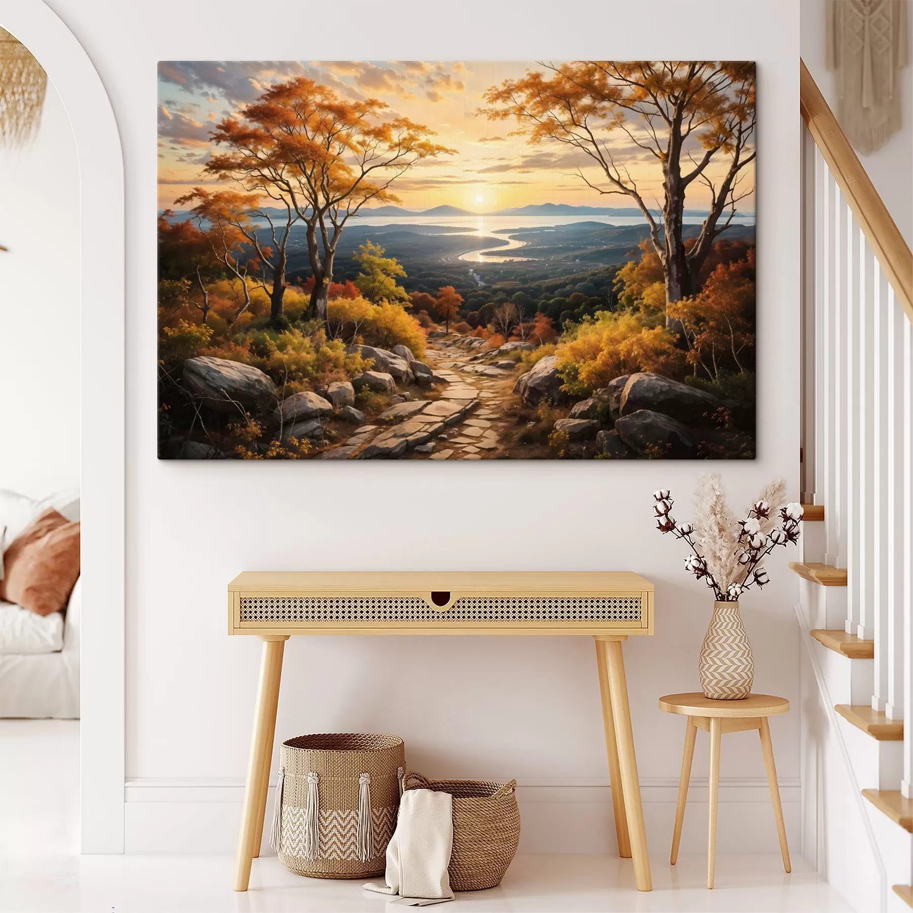 Papier peint photo Paysage avec un chemin de terre sinueux traversant une forêt d'arbres aux couleurs automnales et un ciel couchant s41732