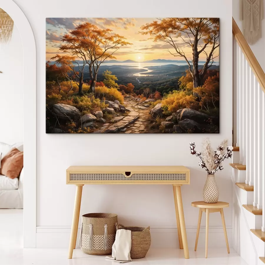  Schilderijen Landschap met een kronkelend zandpad dat leidt door een bos van herfstkleurige bomen en een zonsondergang s41732