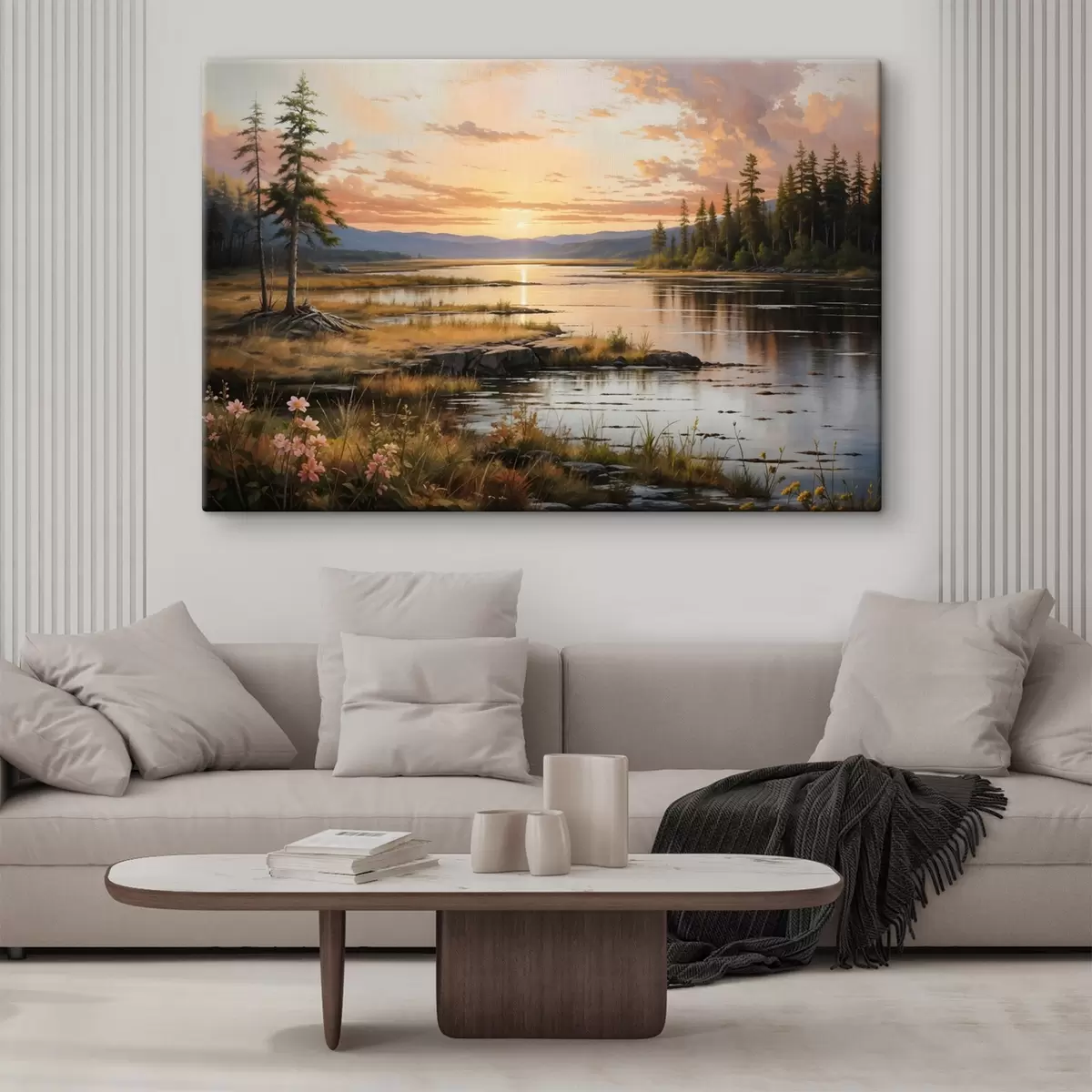  Peintures Un paysage serein avec un lac entouré de pins, reflétant les couleurs chaudes du ciel au coucher du soleil s41733