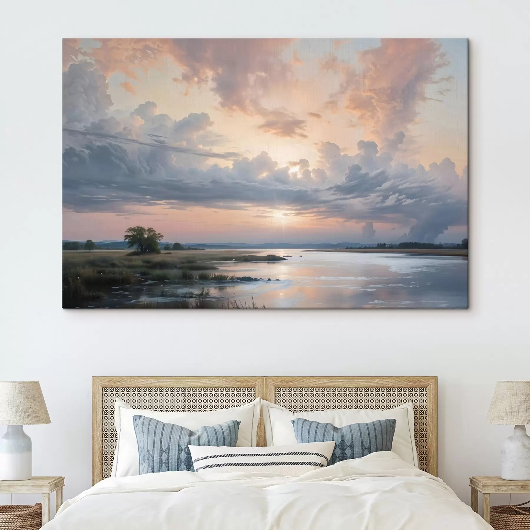Fotobehang Een sereen pastelkleurig landschap met een kalm meer dat de kleurrijke lucht weerspiegelt bij zonsondergang s41734