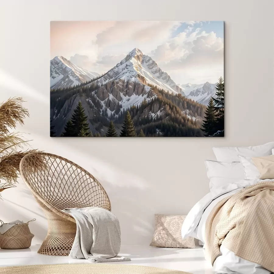  Schilderijen Een besneeuwde bergtop die boven een bebost landschap uitsteekt, met pijnbomen op de voorgrond s41736