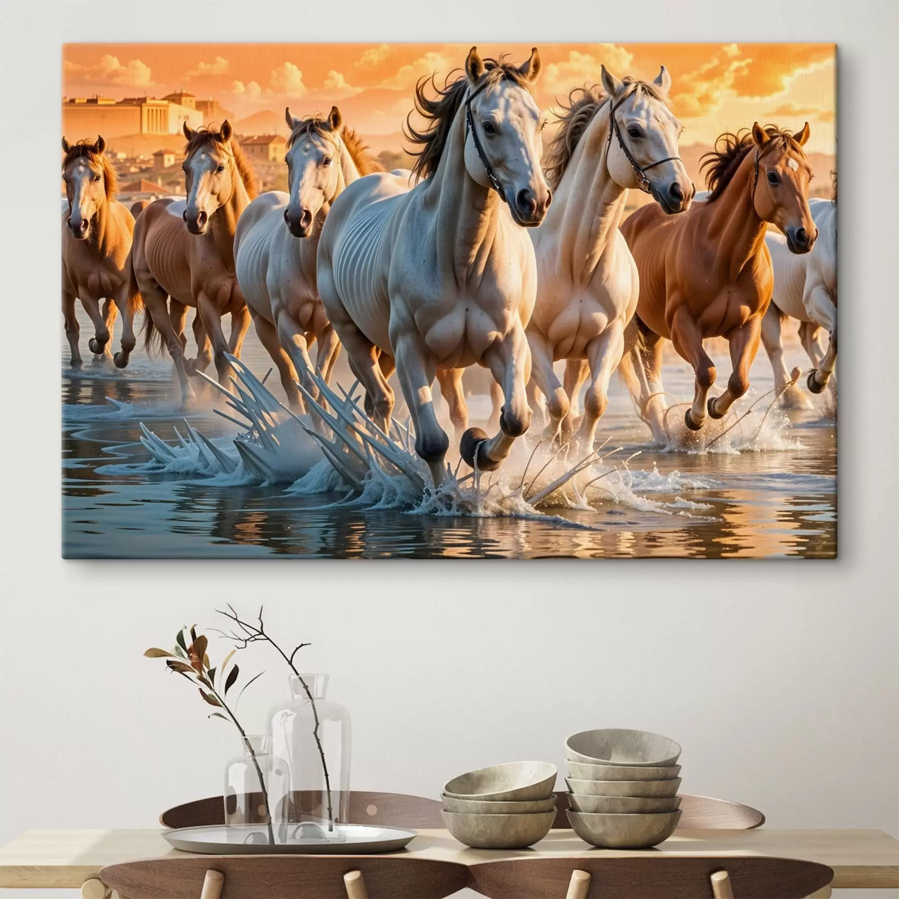 Fotobehang Een kudde witte paarden rent door ondiep water, met een oranje lucht op de achtergrond s41740