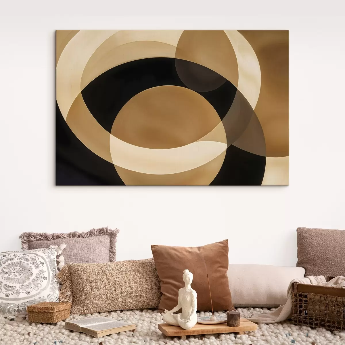  Schilderijen Geometrische vormen in bruin-, beige- en zwarttinten die een abstracte, minimalistische compositie creëren s41741