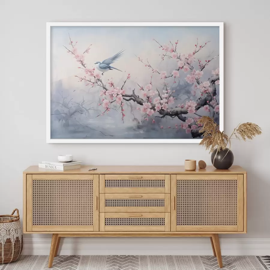 Papier peint photo Oiseau bleu volant parmi des fleurs de cerisier roses sur un fond brumeux de printemps f41712