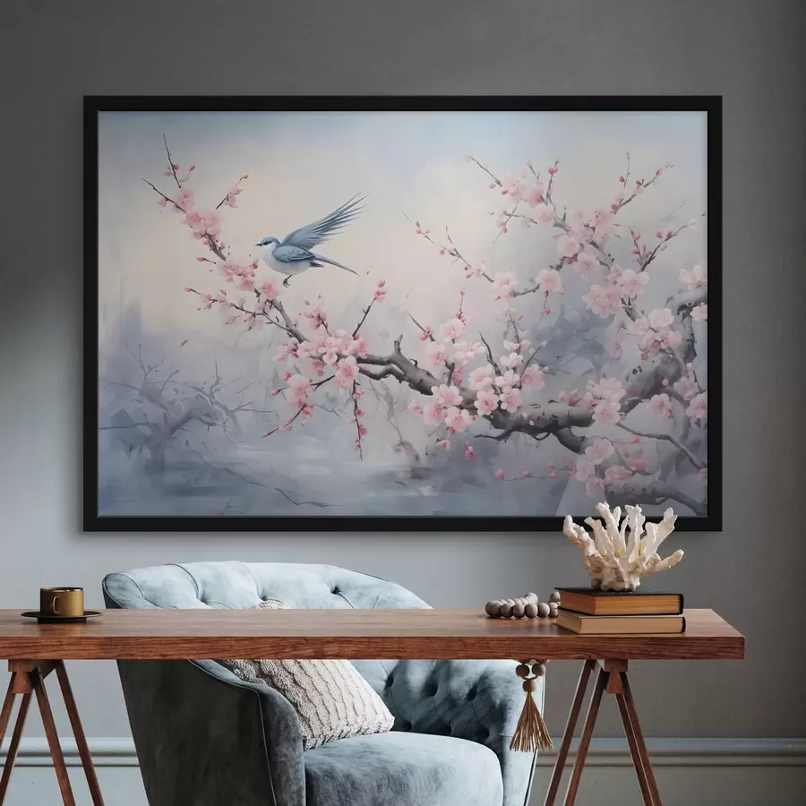 Fotobehang Blauwe vogel vliegend tussen roze kersenbloesem bloemen op een mistige gedempte lente achtergrond f41712