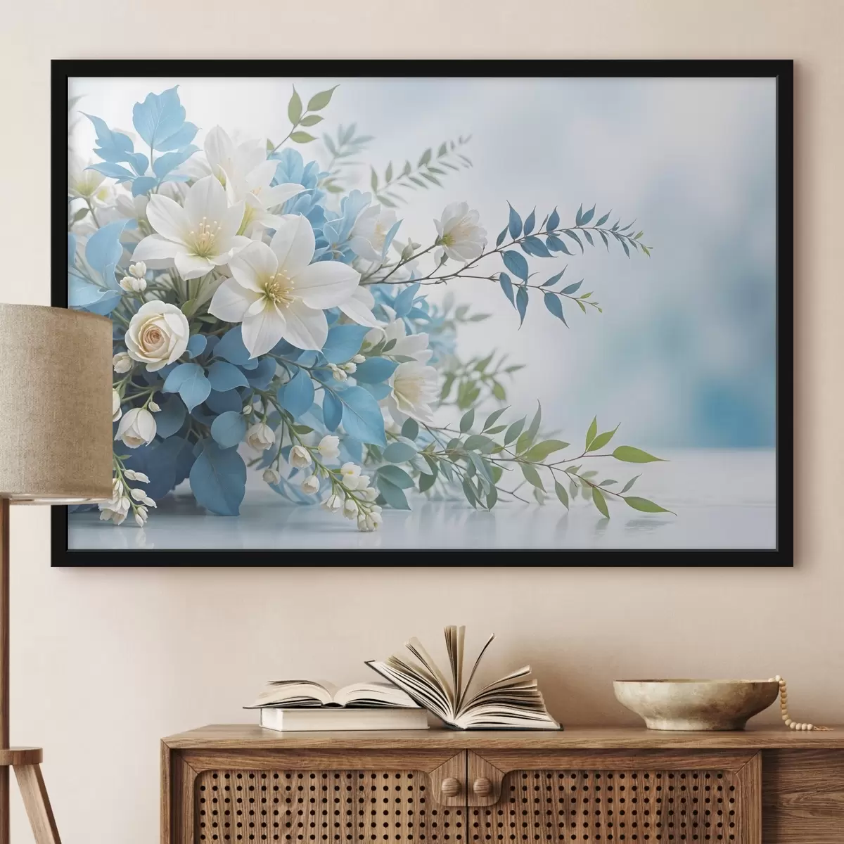 Affiche Bouquet de fleurs blanches et bleues avec des feuilles vertes sur un fond doux et flou f41715